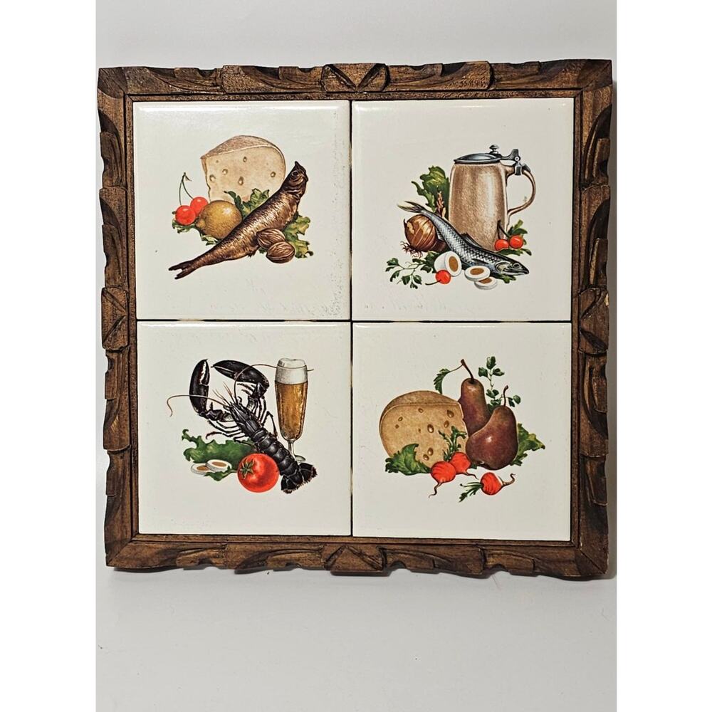 Vintage Dal-Tile Mexico 4-Tile Gourmet Food Trivet Carved Wood Frame 1970s